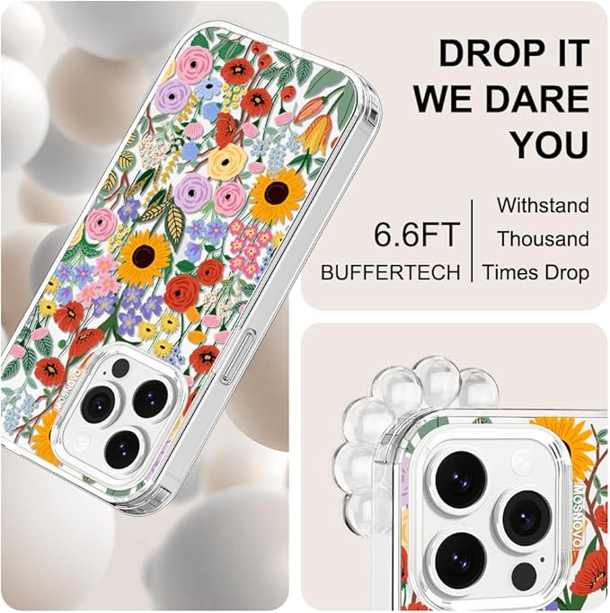 MOSNOVO Case for iPhone 13 Pro, [Buffertech 6.6ft Military-Grade Drop Protection] [Anti Peel Off Tech] Clear TPU Bumper Phone Case Cover Design - Blossom & Bloom