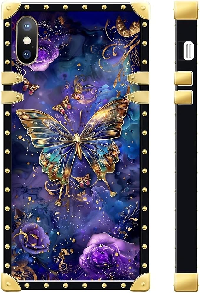 Compatible with iPhone XR Case, Glistening Golden Butterfly Vibrant Purple Blue Luxury Golden Decoration for Girl Women Soft TPU Shockproof Protective Hard PC Back for iPhone XR