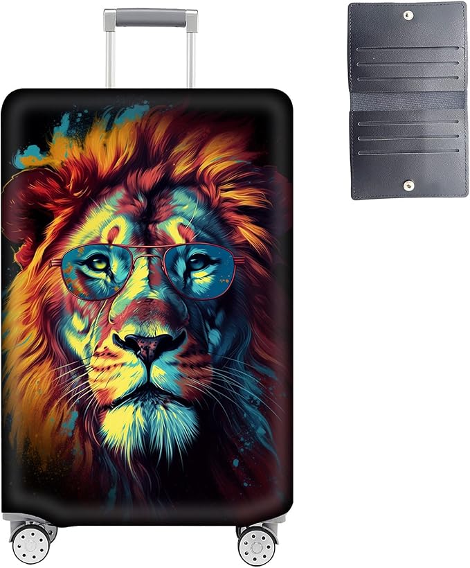 Luggage Cover Protector for 26-28 Inch Suitcases, TSA Approved Elastic Travel Suitcase Covers, Anti-Scratch Washable Luggage Sleeve for Carry On & Checked Bags, Lion With Glasses