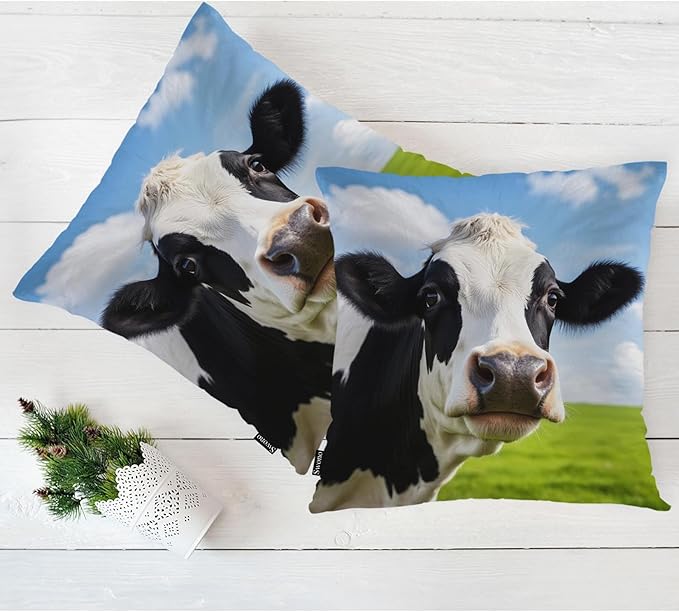 Swono Cow Bed Pillow Covers, Funny Farm Cattle Cow On Grass Meadow Decorative Throw Pillow Cover Cushion Case for Sofa Bed Living Room Farmhouse Decorations, 18"X18" 2 Pieces Pillowcases