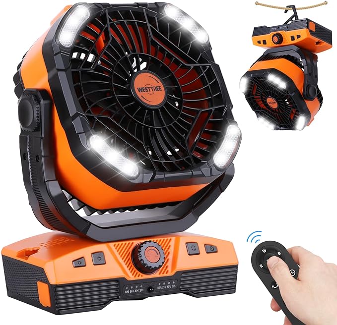 WESTTREE 20000mAh Camping Fan Oscillating Portable Fan Battery Powered Fans Rechargeable Camping essentials with Light Hook, 270° Pivot USB Desk Battery Operated Outdoor Tent Travel