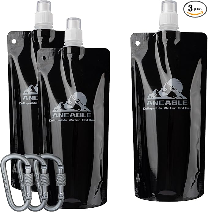 Ancable 17oz Collapsible Water Bottles, 3-Pack Reusable Travel Foldable Water Bottles for Hiking Camping Running Bike, BPA-Free Water Bottle