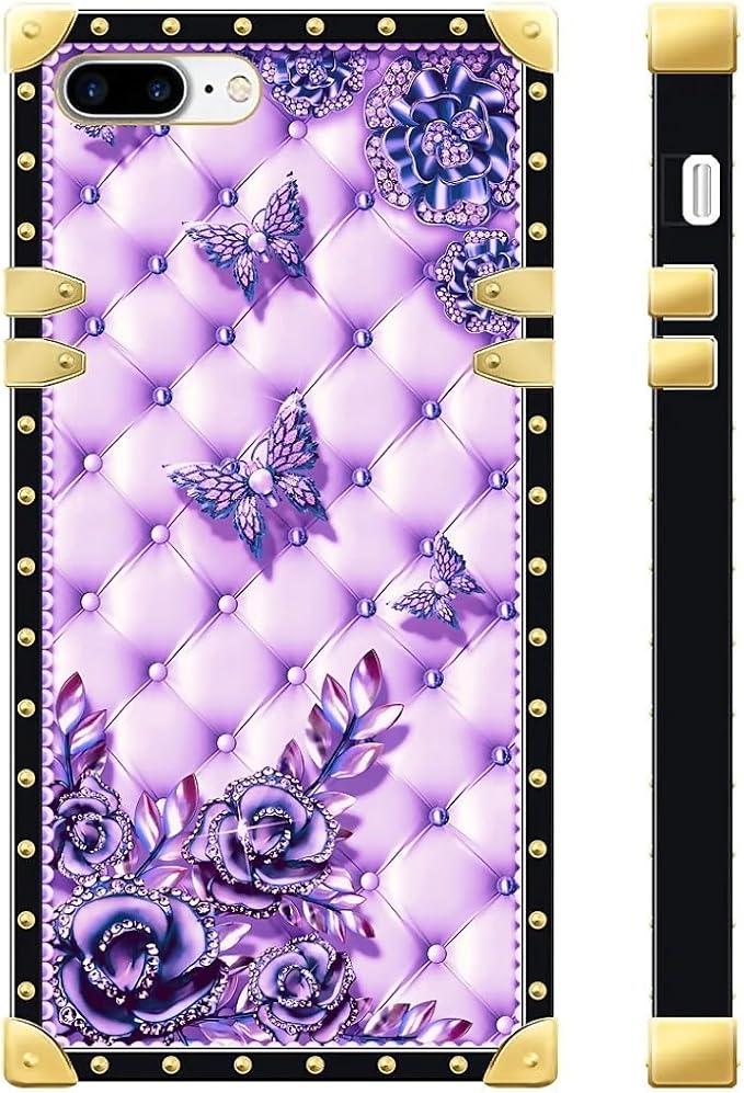Compatible with iPhone 8 7 SE Case, Purple Butterfly Flowers Leaf Luxury Golden Decoration for Girl Women Soft TPU Shockproof Protective Hard PC Back for iPhone 8 7 SE