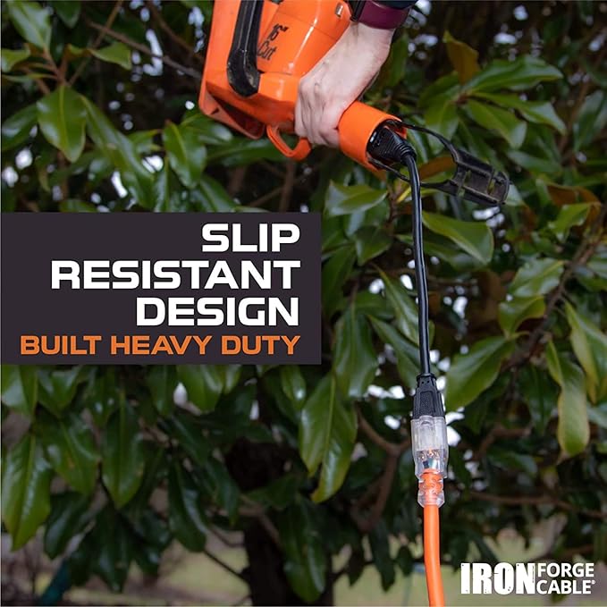 Iron Forge Cable Lighted Outdoor Extension Cord 10 Ft - 10 Gauge Heavy Duty Extension Cord, 15 AMP, 10/3 Orange Power Cable SJTW Weatherproof 3 Prong