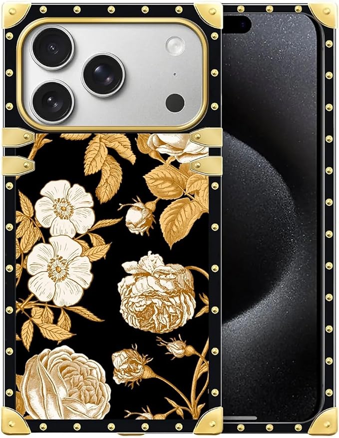 for iPhone 17 Pro Case Luxury Golden Decoration for Girl Women Soft TPU Shockproof Protective Hard PC Back for iPhone 17 Pro Crazy Pattern Blooming Rose Golden Flower