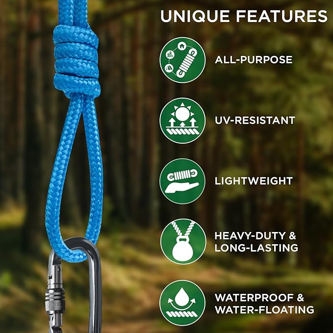TECEUM Rope – 90 Feet x 1/4 Inch (7mm) – Sky Blue – Strong All-Purpose Utility Rope – Camping, Crafting, Flag Pole, Indoor & Outdoor – Polypropylene Nylon Poly Lightweight Diamond Braided Cord