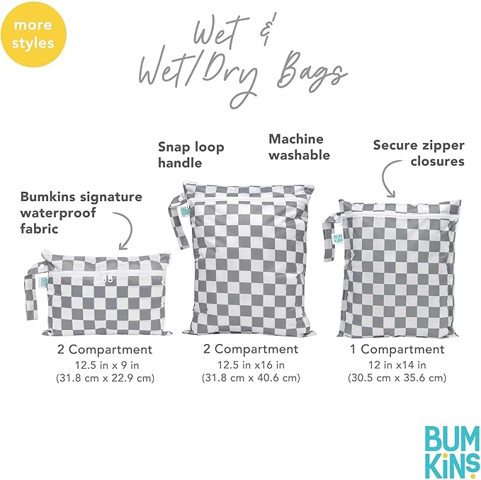 Bumkins - Larger Waterproof Wet Bag - For Baby, Travel, Swim Suit, Cloth Diapers, Pump Parts, Pool, Gym, Toiletry, Strap to Stroller - Reusable & Easy to Clean - 2pk - Yellow & Blue Stripe