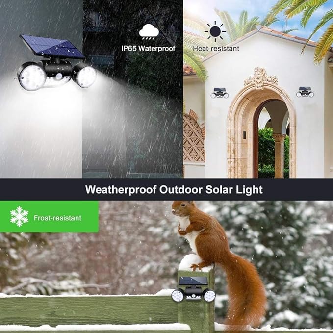 Solar Lights Outdoor, Motion Sensor Security Lights Solar Wall Lights with Dual Head Spotlights LED Waterproof 360° Adjustable Solar Motion Lights Outdoor for Garden Garage Patio, 1 Pack