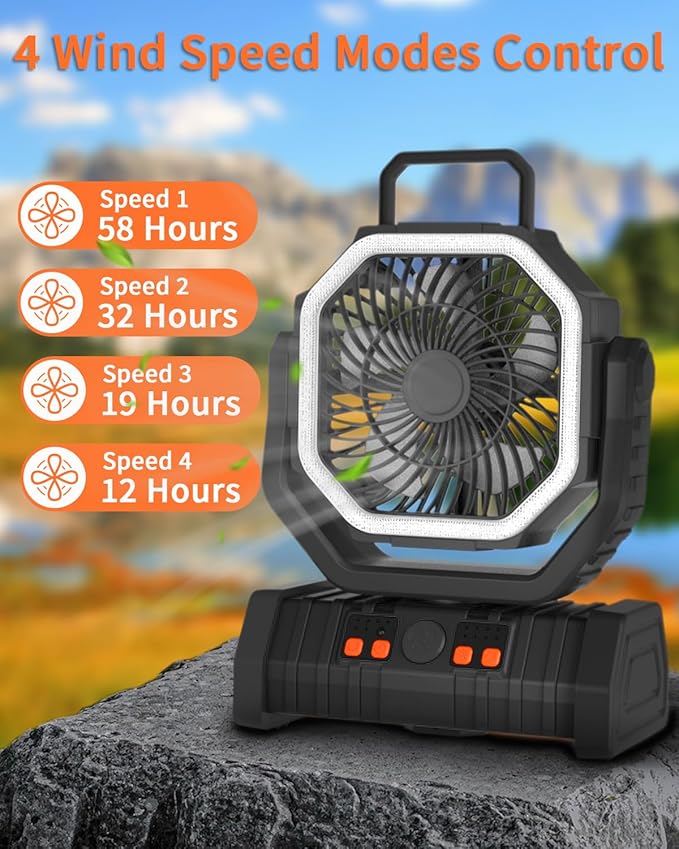 ADUST Portable Camping Fan Battery Powered Operated with LED Light 20000mAh Rechargeable Oscillating Fan with 360° Rotation Hanging Hook for Tents, USB Desk Fan for Bedroom, Office (Black)