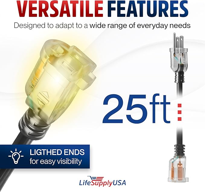 25ft Outdoor/Indoor Extension Cord 16/3 Gauge Heavy Duty 3 Prong SJTW, Waterproof, Flexible Cold-Resistant Long Power Cord,13A 125V 1625W, Black by LifeSupplyUSA