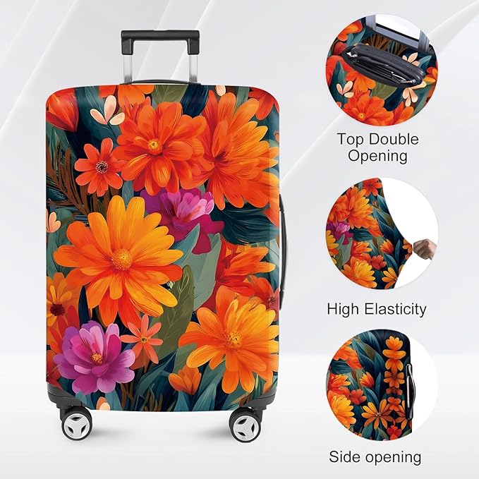 ANNA QUEEN Boho Floral Luggage Cover,Spring Orange Flower Pattern Suitcase Protector,Stretchable,Washable & Water Resistant, Universal Fit for 32-34 Inch Checked Baggage