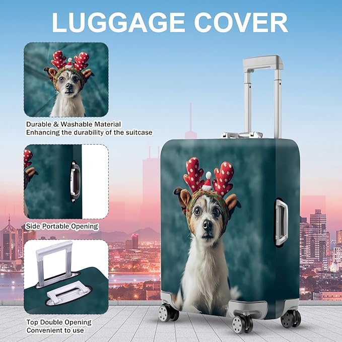 ANNA QUEEN Christmas Dog Luggage Cover, Cute Puppy with Reindeer Antlers Suitcase Protector, Washable Stretchable Travel Sleeve for 32-34 Inch Luggage