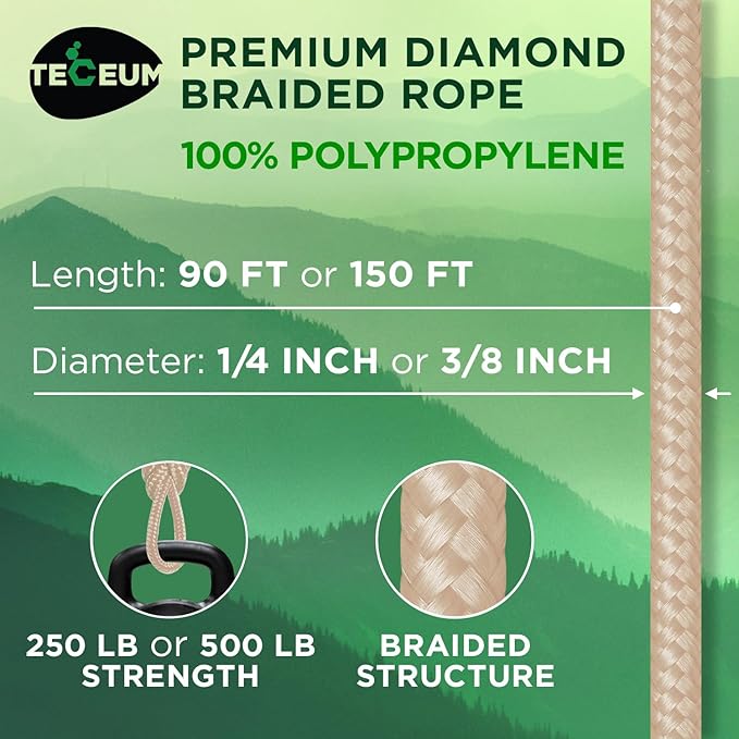 TECEUM Rope – 90 Feet x 1/4 Inch (7mm) – Beige – Strong All-Purpose Utility Rope – Camping, Crafting, Flag Pole, Indoor & Outdoor – Polypropylene Nylon Poly Lightweight Diamond Braided Cord