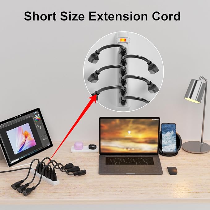 12 Pack Short Extension Cord 1 Foot Black, 16/3 Gauge Indoor Power Extension Cable, 13A 125V 1625W 16AWG, 3 Prong Outlet Saver NEMA 5-15P to NEMA 5-15R, ETL Listed POWGRN