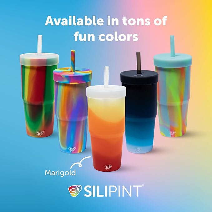 Silipint: 32oz Silicone Straw Tumbler, Unbreakable, Non-Toxic, Dishwasher Safe - Pack of 4