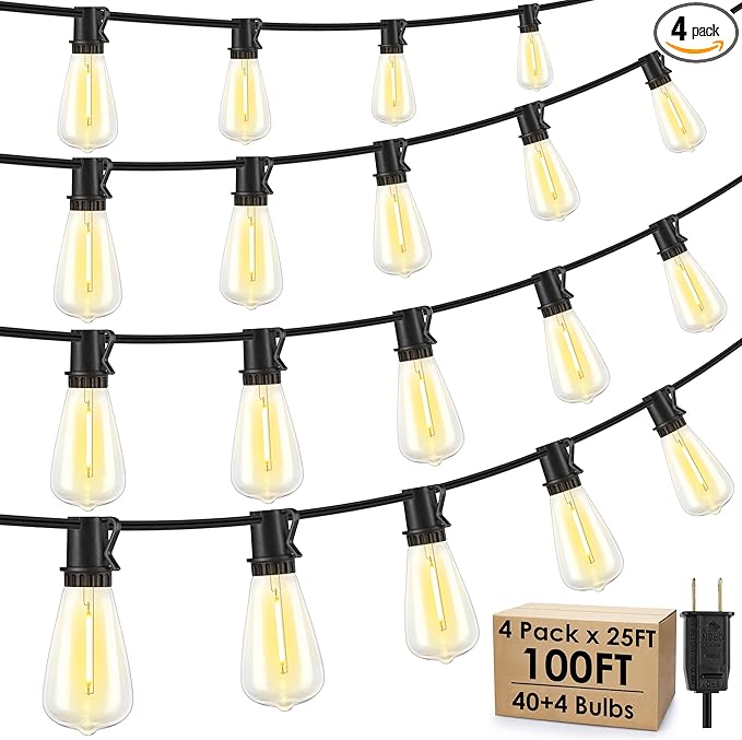 Larkvue 100FT(4x25FT) Outdoor String Lights, Patio Lights with 40+4 LED Dimmable Waterproof Linkable ST38 Edison Bulbs for Gazebo Camping Party, Black