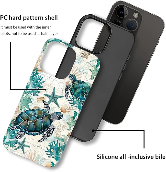 for iPhone 14 Pro Case,HH2 Ocean Sea Turtle Nautical Map Hybrid 2 Layer Hard Shell Silicone Protective Pattern Design Case