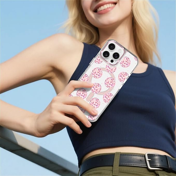 Case for iPhone 14 Pro,[Compatible with MagSafe],Disco Balls Pink Phone Case Design，for Women Girls Magnetic Clear Cover - Slim, Sleek, & Shockproof Protection