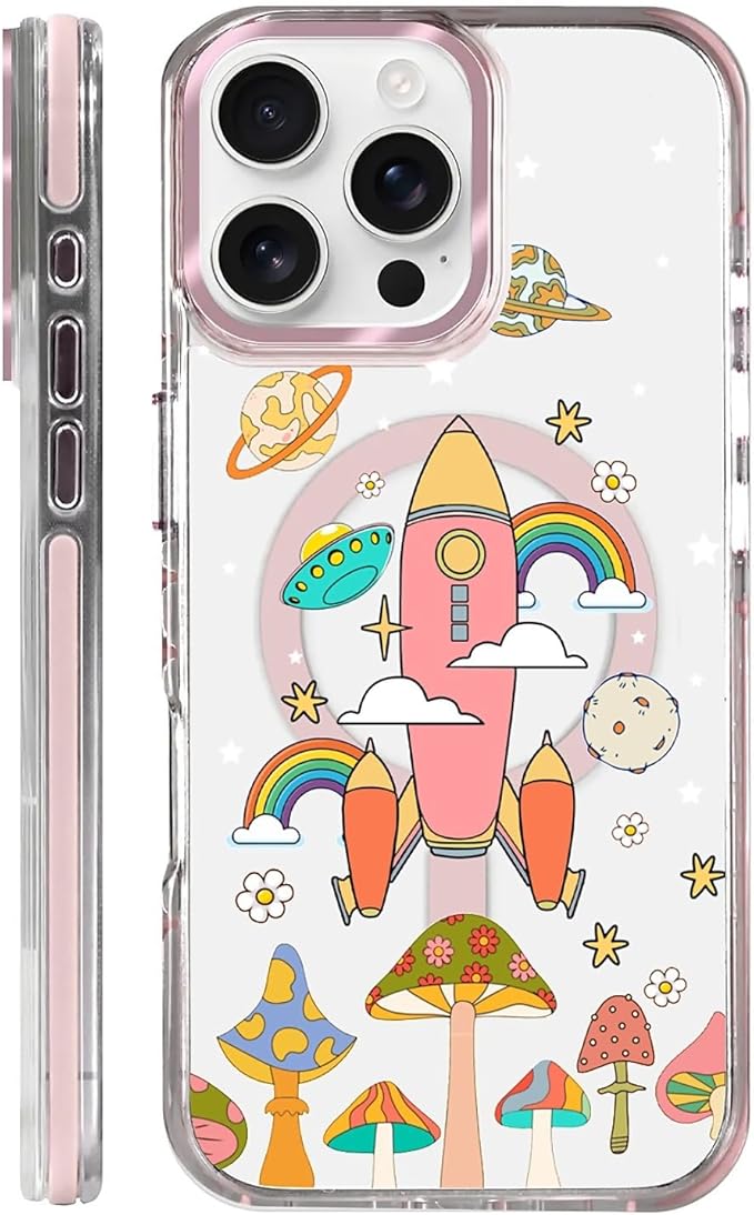 Case for iPhone 16 Pro Max,[Compatible with MagSafe],Spaceship Mushroom Phone Case Design，for Women Girls Magnetic Clear Cover - Slim, Sleek, & Shockproof Protection