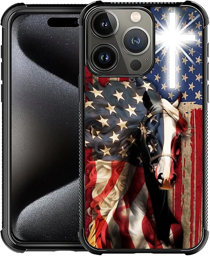 for iPhone 16 Pro Max Case, Red American Flag Horse Cross Pattern Graphic Design Girl Boy Soft Silicone Hard Acrylic Shock Protection for iPhone 16 Pro Max