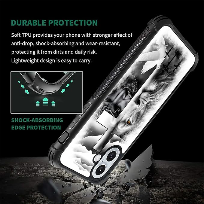 for iPhone 16 Case, Lion Cross Jesus Christ Dove Pattern Graphic Design Girl Boy Soft Silicone Hard Acrylic Shock Protection for iPhone 16