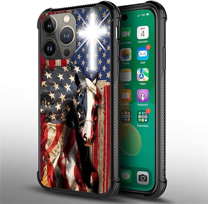 for iPhone 13 Pro Case, Red American Flag Horse Cross Pattern Graphic Design Girl Boy Soft Silicone Hard Acrylic Shock Protection for iPhone 13 Pro