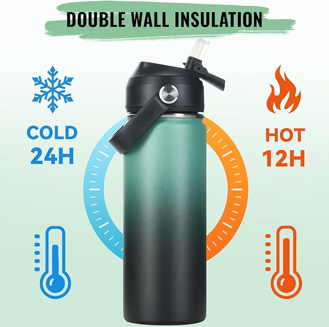 Fijinhom 18oz Insulated Stainless Steel Water Bottle, Wide Mouth Double Wall Vacuum, Silicone Straw, Sweat & Leak Proof, BPA Free Insulated Water Flask for Travel, Keep Cold 24h Hot 12h, Green & Black