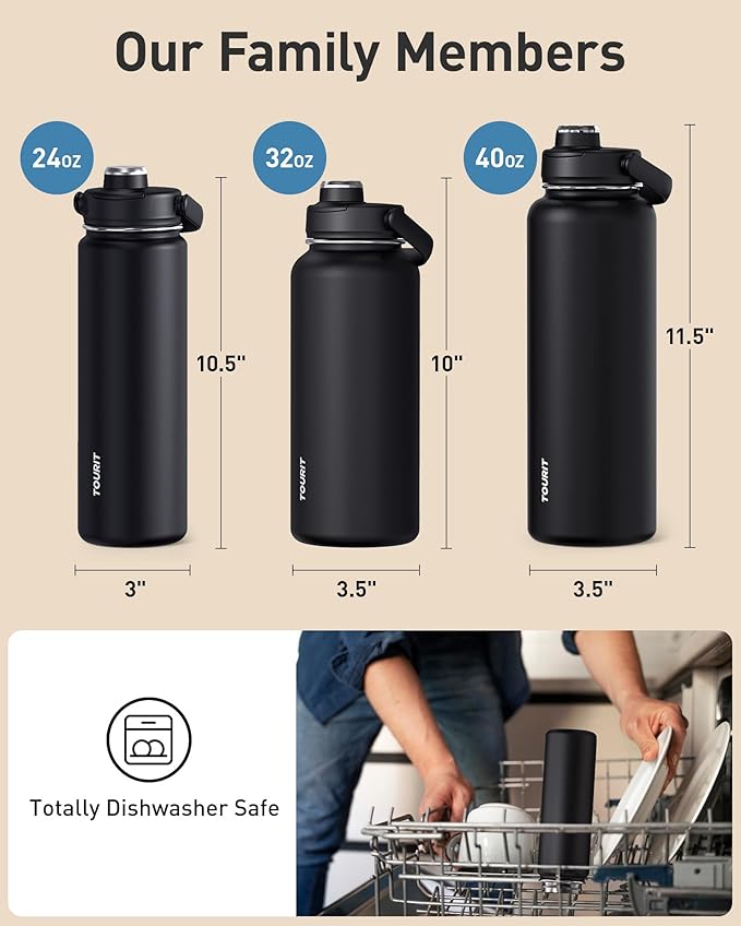 TOURIT 32 oz Insulated Water Bottle, Stainless Steel Sports Water Bottles With Top Handle, Double-Wall Travel Thermal Water Flask, BPA Free Leakproof Water Bottle for Sports and Travel,Khaki