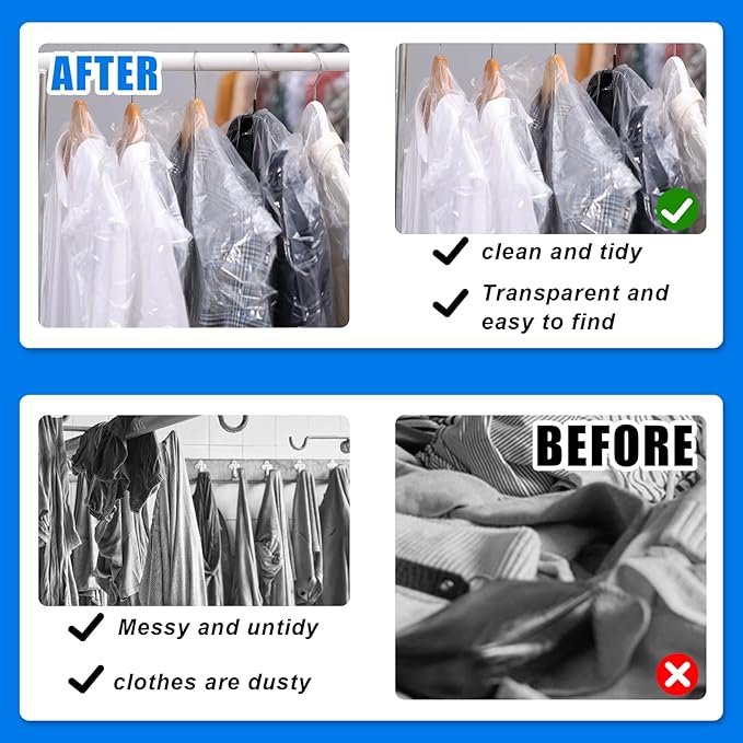100 Pack Plastic Dry Cleaning Bags 23.6x35.4 Inch Garment Bags for Hanging Clothes Clear Dry Cleaner Covers Transparent Dust-Proof Clothing Covers for Suits Coats Uniforms Laundrette