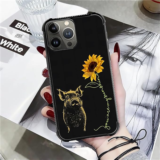 for iPhone 16 Pro Case, Pig Sunflower Yellow Sunshine Pattern Graphic Design Girl Boy Soft Silicone Hard Acrylic Shock Protection for iPhone 16 Pro