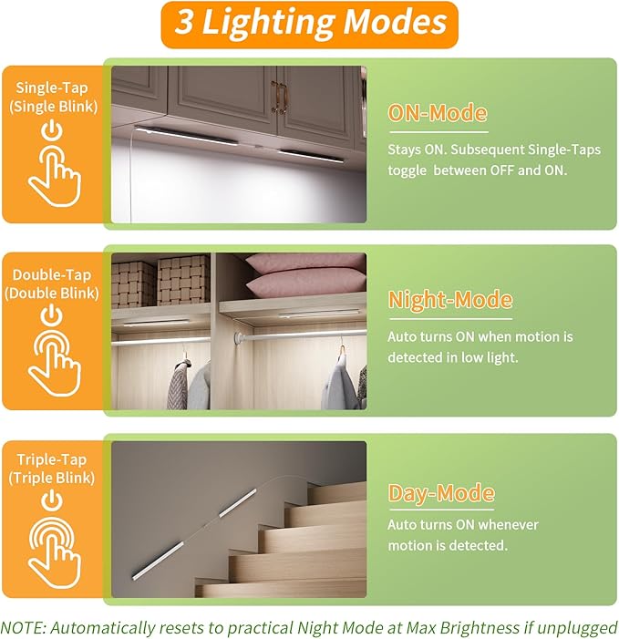 14" Slim USB Plug-in LED Motion Sensor Light Indoor, Bright & Dimmable Under Cabinet Light - 3 Modes (ON/Night/Day) for Kitchen, Cabinet, Closet - 3000K Warm White, 1 Pack (2 Linkable)