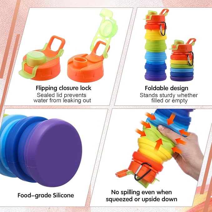 Sunnyray 14 Pack Collapsible Water Bottles Travel 17oz Silicone Portable Foldable Bottles Leak Proof Reusable Sports Cups with Clip for Camping Hiking Cycling Outdoor(Lighted Color)