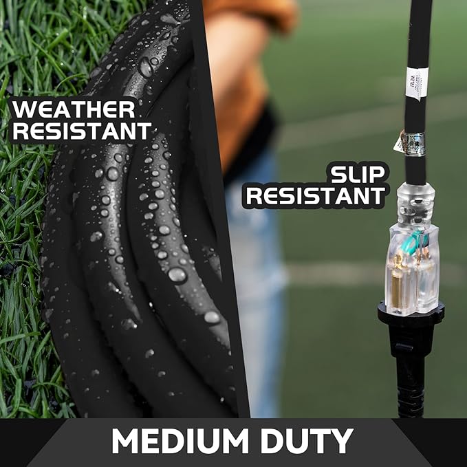 Indoor Outdoor Extension Cord Weatherproof with Lighted End, UL Certified, 16 Gauge 12FT Black 3 Prong Heavy Duty, 16/3 SJTW 13A Power Cord for Outdoor Lights, Lawn