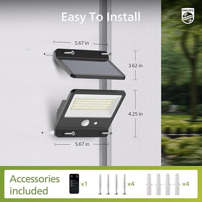 Philips Solar Security Light Outdoor LED 6500K, Solar-Powered Flood Light w/PIR Motion Sensor, Remote Control w/16ft Cable, IP65 Waterproof, 3 Modes (4)