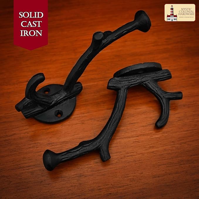 Mystic Colonial Rustic Cast Iron Wall Hooks, Heavy Duty Retro Utility Hooks for Hanging Coat, Bag, Towel, Robe, Hat and More, Pack of 2, Black