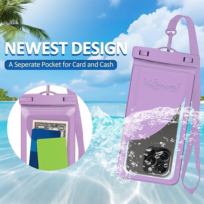 Waterproof Phone Pouch, with Interior Card Pocket, Large Waterproof Phone Case for iPhone 17 16 15 14 Pro Max, IPX8 Lightweight Cellphone Dry Bag, Beach Cruise Ship Essential,2 Pc-Purple-8.3″