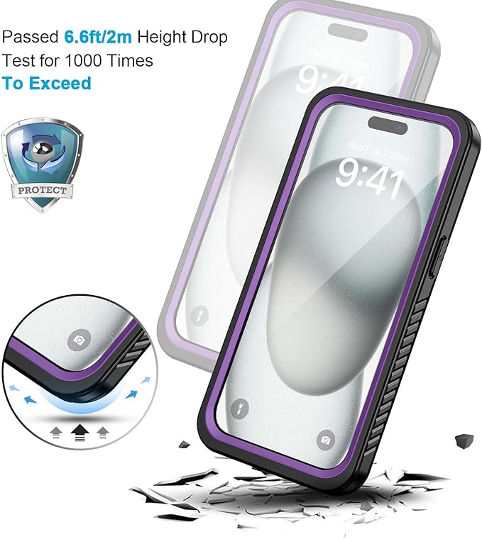 Lanhiem for iPhone 15 Plus Case, IP68 Waterproof Dustproof Shockproof Cases with Built-in Screen Protector, 360 Full Body Protective Front and Back Cover for iPhone 15 Plus - 6.7 inch (Purple)
