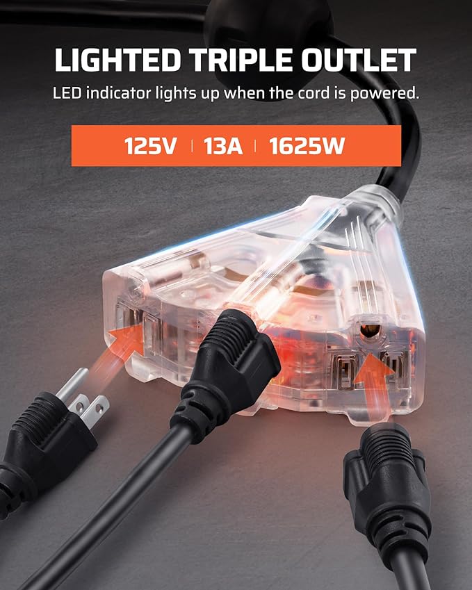 DEWENWILS Retractable Extension Cord Reel, 50 FT Heavy Duty Power Cord, 14AWG/3C SJTOW, 3 Grounded Outlets Lighted Triple Tap, 13 Amp Circuit Breaker, UL Listed