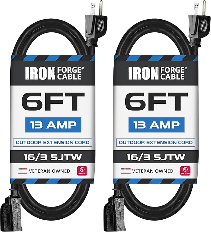 IRON FORGE CABLE 2 Pack of 6 Ft Outdoor Extension Cords - 16/3 Heavy Duty Black Extension Cord Pack