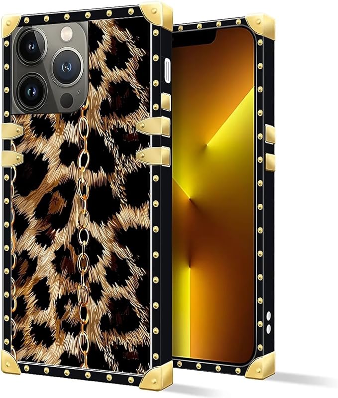 Compatible with iPhone 13 Pro Case, Seamless Gold Chain Leopard Luxury Golden Decoration for Girl Women Soft TPU Shockproof Protective Hard PC Back for iPhone 13 Pro