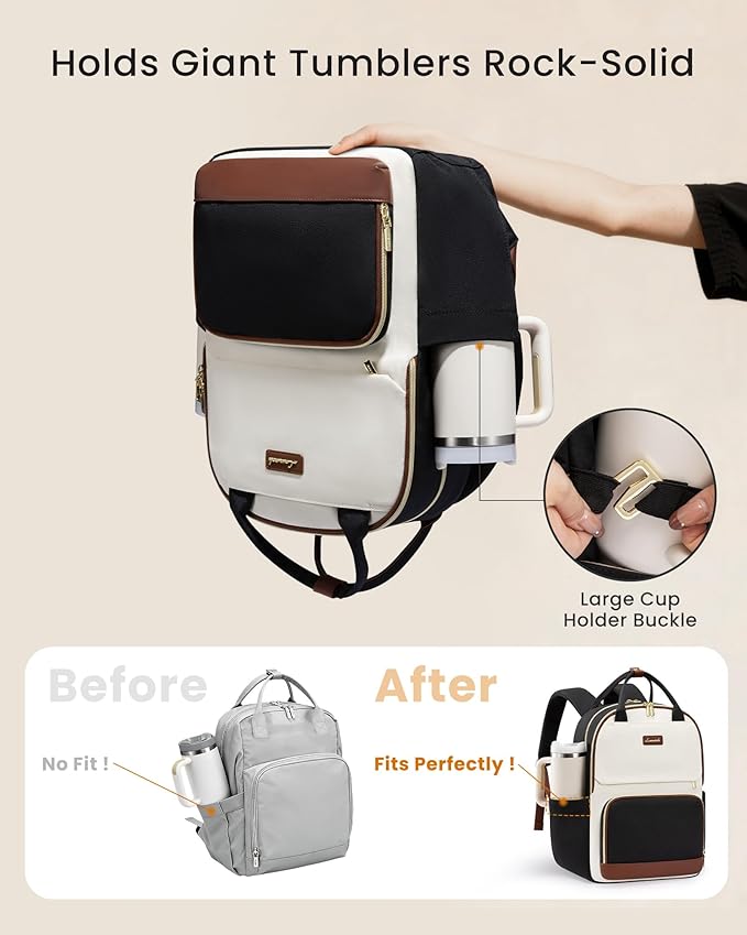 LOVEVOOK Laptop Backpack for Women with Giant Tumbler Holder Pocket, 17 inch Large Travel Work Backpack Purse for Teacher Nurse, Waterproof College Book Bag Cute Casual Daypack, Black