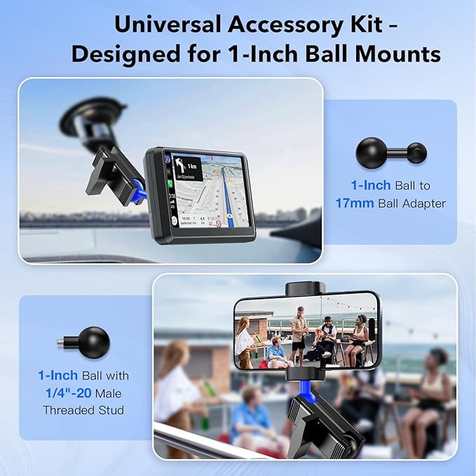 1-Inch (B Size) Ball Adapter Kit for RAM Mounts – Includes 20mm Ball Adapter, 17mm Ball Adapter, 1/4"-20 Stud, and Magnetic Phone Holder