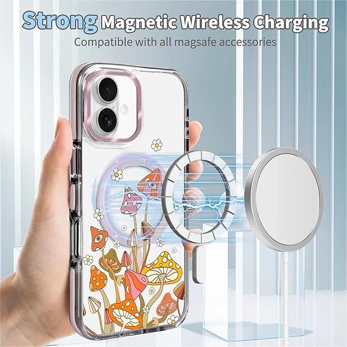 Case for iPhone 16,[Compatible with MagSafe],Retro Mushroom Sunflower Phone Case Design，for Women Girls Magnetic Clear Cover - Slim, Sleek, & Shockproof Protection