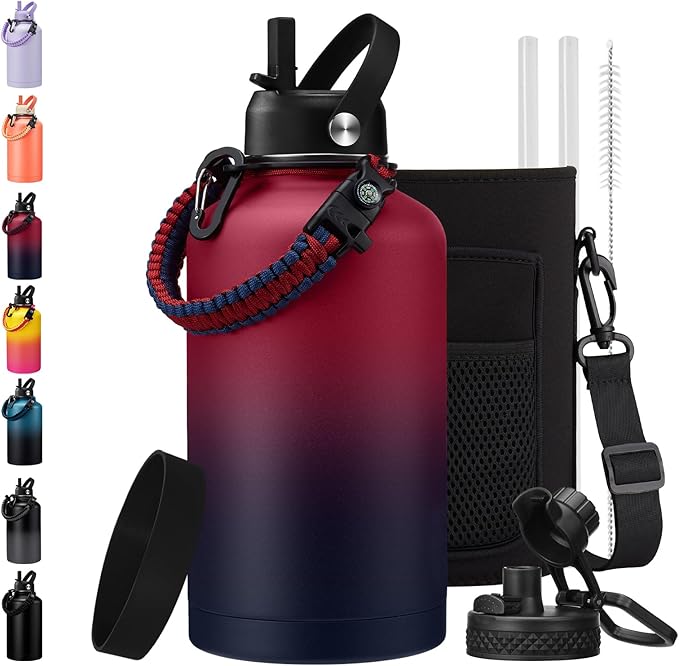 1 Gallon Insulated Water Jug with Straw - Auto Chug Lid, Bottle Carrier Bag, Paracord Handle, 128oz Stainless Steel Water Bottle Keep Hot 24H & Cold 48, Large Canteen Waters Bottles for Sports Work
