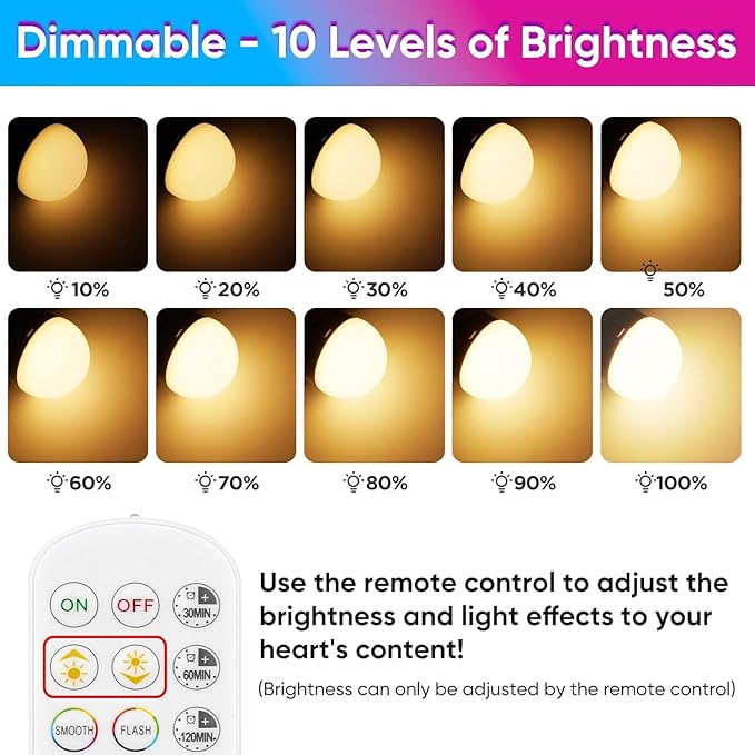 Rechargeable Battery Operated A19 Light Bulbs with Remote, Dimmable Detachable Battery Powered LED Bulb with 15 Colors Shift & Timer, Cordless Emergency Bulb for Wall Sconce, Non-Hardwired, 4-Pack