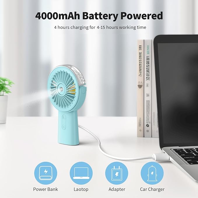Otlonpe Handheld Misting Fan Portable, Small Personal Hand Held Rechargeable Mist Fan Water Spray, 4000mAh Battery Operated Hand Mister Fans 3-Speed, 4-15 Hrs Runtime for Travel Home Office Outdoor