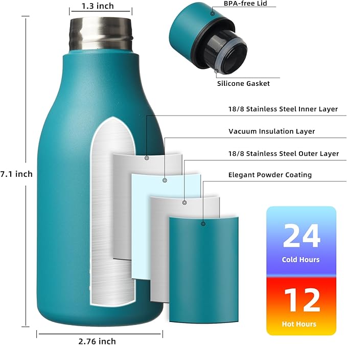 BJPKPK Insulated Water Bottles, 12oz Stainless Steel Metal Water Bottle with Strap, BPA Free Leak Proof Jugs, Mugs, Flasks, Reusable Thermal Flasks for Sports & Travel, Lake Blue