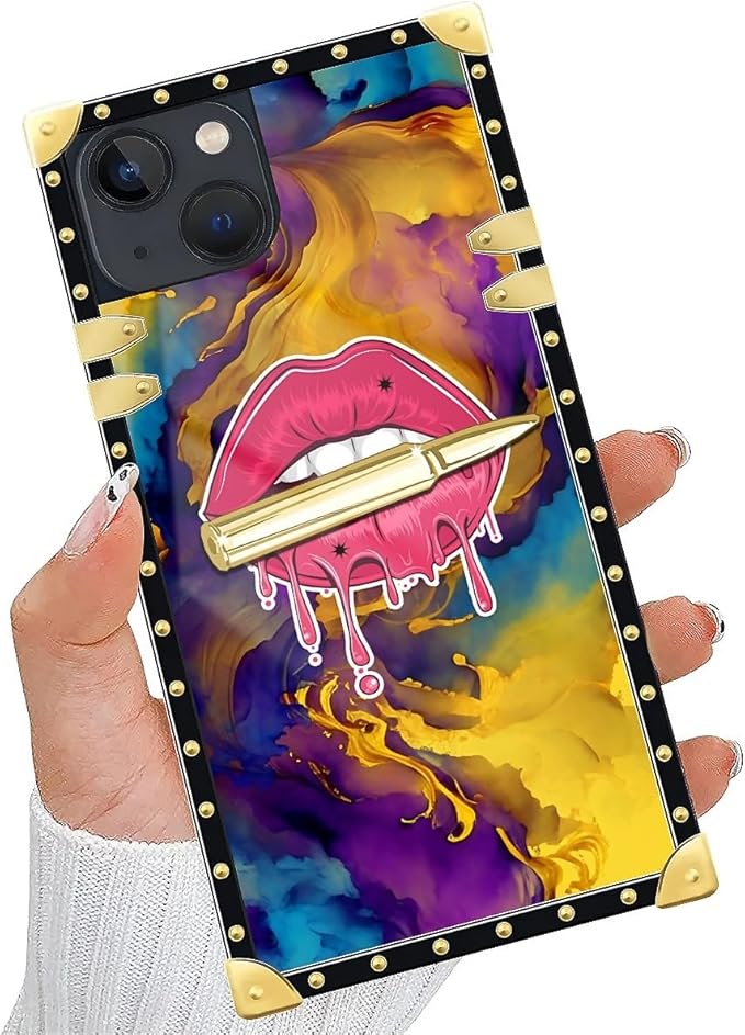 Compatible with iPhone 14 Case, Cool Corlorful Lip Marble Luxury Golden Decoration for Girl Women Soft TPU Shockproof Protective Hard PC Back for iPhone 14
