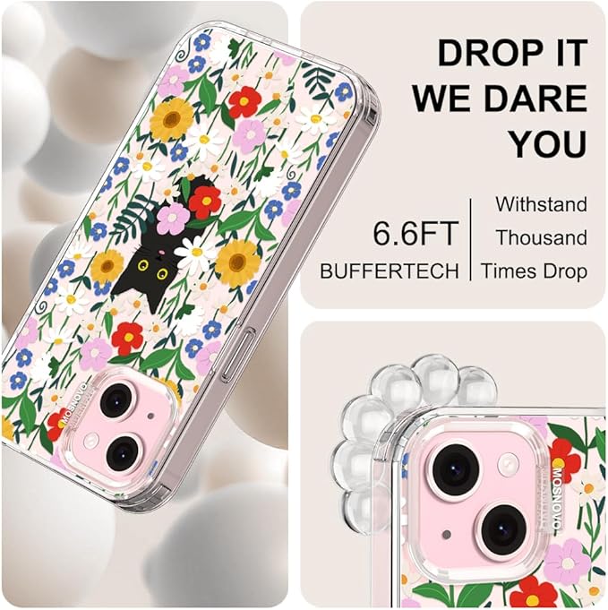 MOSNOVO Case for iPhone 15, [Buffertech 6.6ft Military-Grade Drop Protection] [Anti Peel Off Tech] Clear TPU Bumper Phone Case Cover Design - Black Cat in Garden