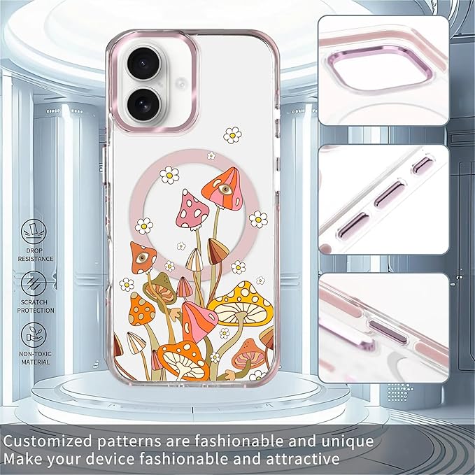 Case for iPhone 16,[Compatible with MagSafe],Retro Mushroom Sunflower Phone Case Design，for Women Girls Magnetic Clear Cover - Slim, Sleek, & Shockproof Protection